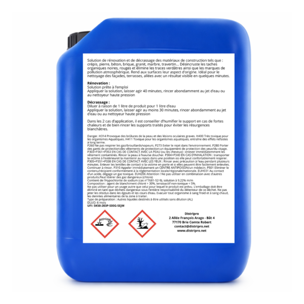Nettoyant façades FASTI’PRO 5L – étiquette arrière avec mode d’emploi et précautions