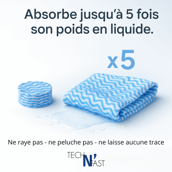 Chiffon encapsulé absorbant Chiff’N Cap capable d’absorber jusqu’à cinq fois son poids en liquide, présenté déplié avec une flaque d’eau.