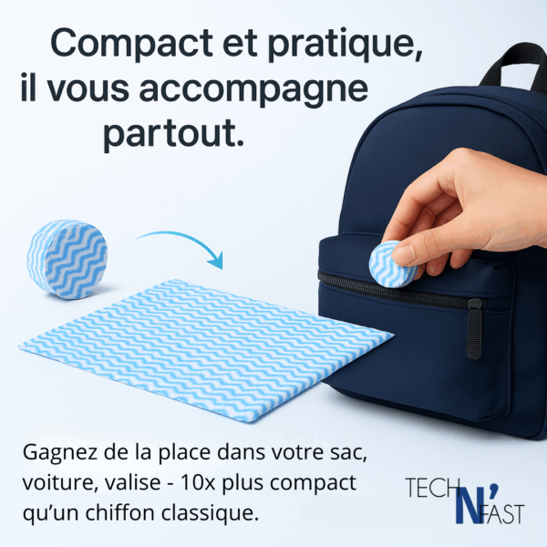 Chiffon encapsulé Chiff’N Cap inséré dans une poche de sac, montrant son format ultra-compact avant dépliage.