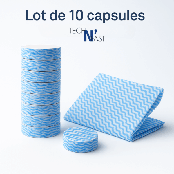 Lot de dix chiffons encapsulés Chiff’N Cap, présentés sous forme de capsules compactes et de chiffon déplié prêt à l’usage.