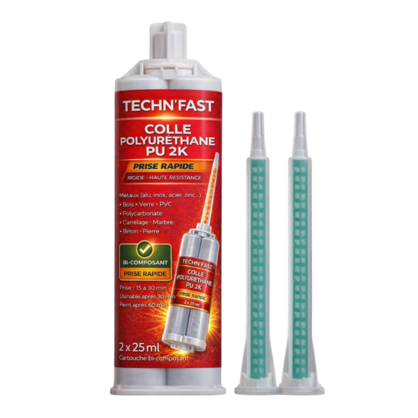 Colle polyuréthane bi-composants PU 2K Tech N’Fast 50 ml avec 2 canules mélangeuses