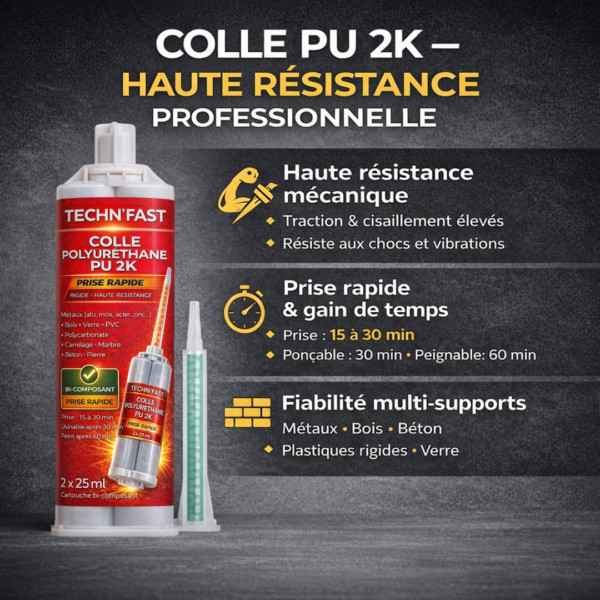 Visuel colle PU 2K Tech N’Fast haute résistance avec bénéfices prise rapide et multi-supports