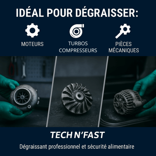 Illustration de dégraissage professionnel avec un dégraissant fontaine alimentaire, utilisé pour nettoyer moteurs, turbos et pièces mécaniques.