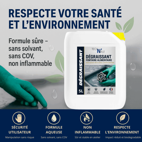 Bidon de dégraissant fontaine alimentaire Tech'N'Fast 5L, formule aqueuse pour le nettoyage des pièces mécaniques en milieu alimentaire.