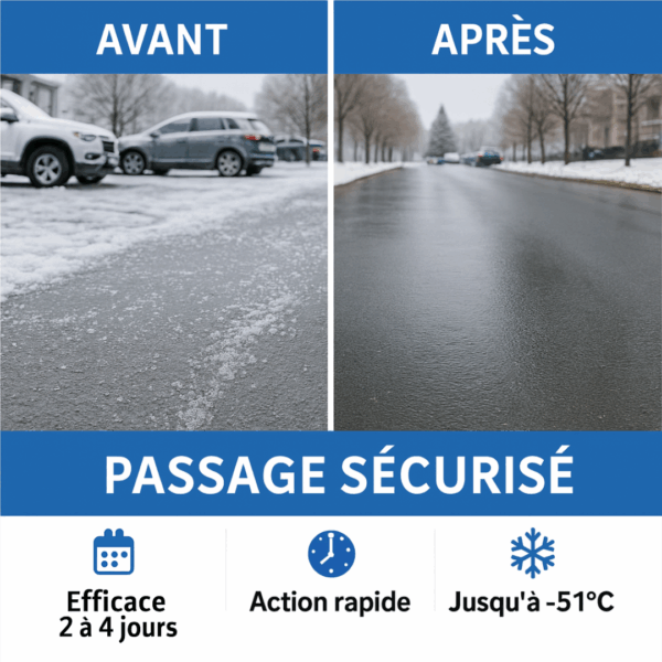 Avant et après application du déneigeant professionnel D’Neige – passage sécurisé et dégivré en quelques minutes, efficace jusqu’à -51°C