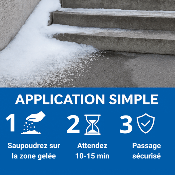 Application simple du déneigeant D’Neige – saupoudrer sur la zone gelée, attendre 10 à 15 minutes pour un passage sécurisé