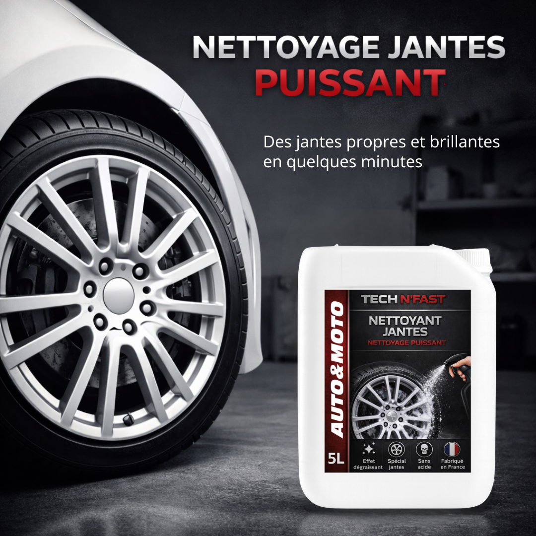 Nettoyant jantes puissant TECH N’FAST avec bidon 5L et jante automobile propre, illustrant un nettoyage efficace et rapide.