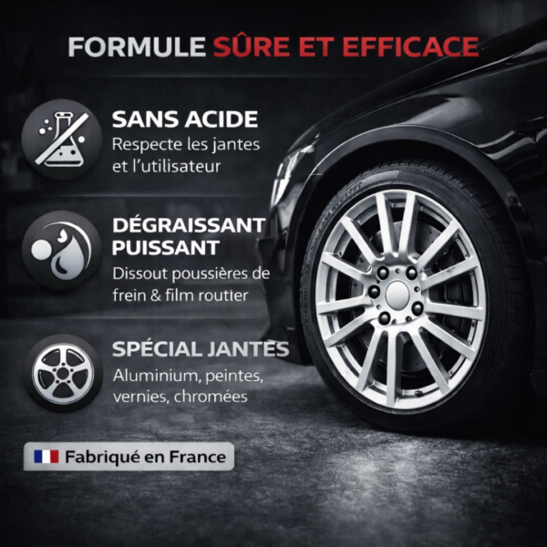 Visuel présentant les atouts du nettoyant jantes TECH N’FAST : formule sans acide, dégraissant puissant, spécial jantes, fabriqué en France.