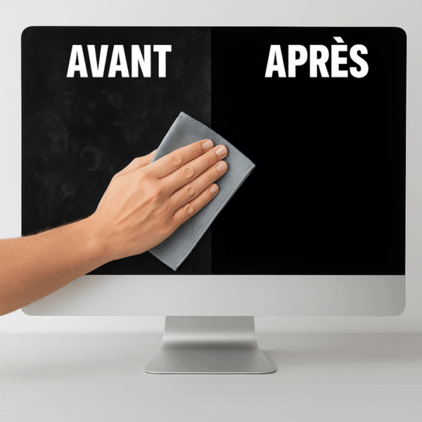 Nettoyant écrans – démonstration avant après sur écran d’ordinateur, nettoyage sans trace avec chiffon microfibre