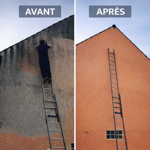 Avant après nettoyage façade maison avec FASTI’PRO – élimination traces noires