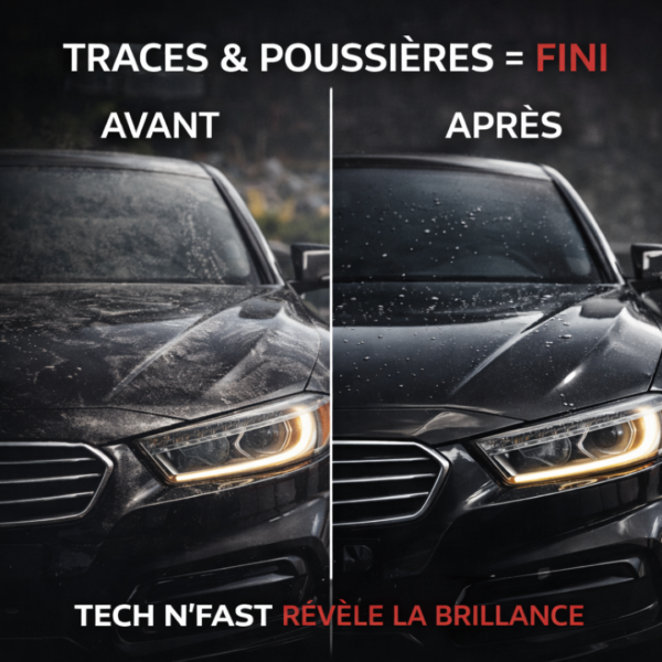 Comparaison avant et après lavage d’une carrosserie automobile avec le shampoing carrosserie TECH N’FAST, révélant une surface propre et brillante.