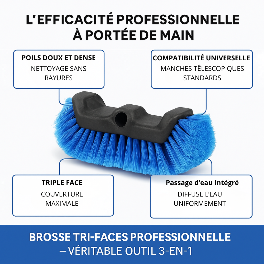 Brosse tri-faces professionnelle avec poils doux et passage d’eau intégré pour le nettoyage extérieur de carrosserie, véranda, bateau et piscine.