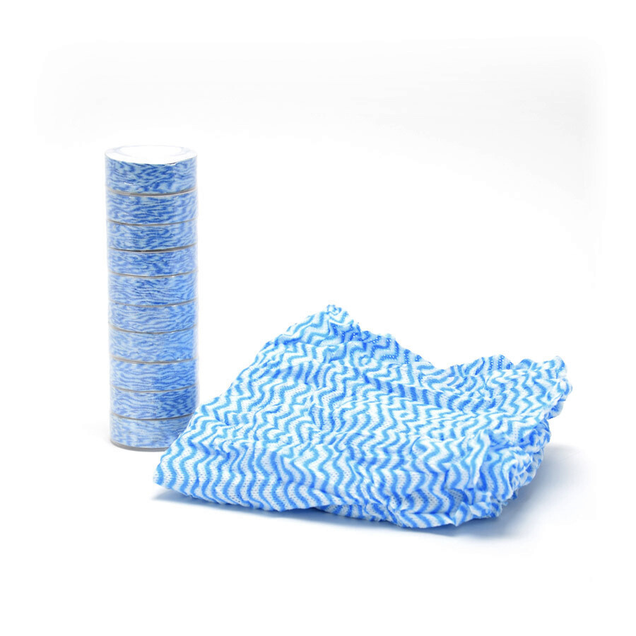 Chiffon encapsulé Chiff’N Cap déplié avec rouleaux empilés – lingettes multi-usages pour nettoyage professionnel et domestique.