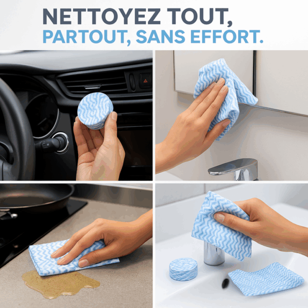 Chiffon encapsulé Chiff’N Cap utilisé pour nettoyer différentes surfaces : tableau de bord de voiture, miroir, plan de travail et robinet.