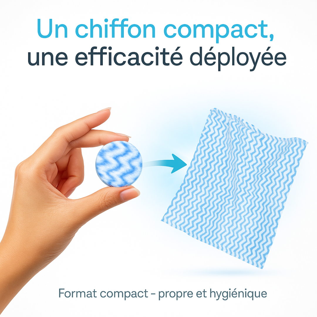Chiffon encapsulé Chiff’N Cap avant et après dépliage, montrant son format compact et son efficacité de nettoyage.