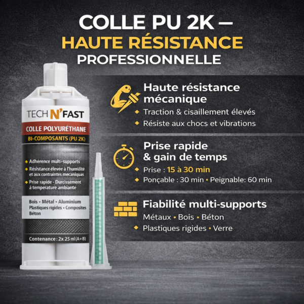 Visuel colle PU 2K Tech N’Fast haute résistance avec bénéfices prise rapide et multi-supports