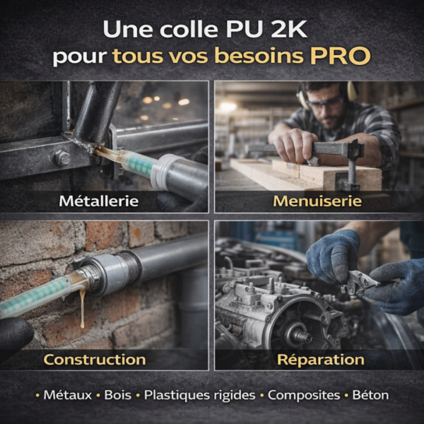 Colle PU 2K usages professionnels métallerie menuiserie construction réparation collage pro