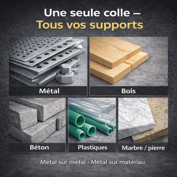 Compatibilité colle PU 2K multi-supports métal bois béton plastiques marbre pierre