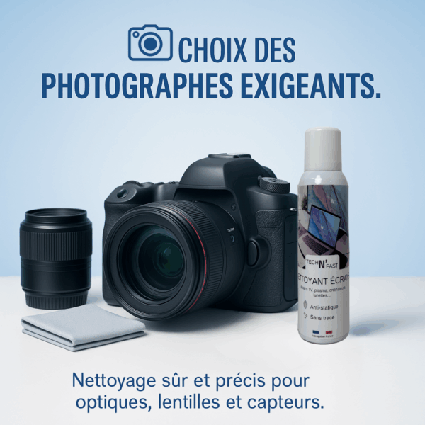 Nettoyant écrans et optiques utilisé par les photographes – nettoyage sûr pour appareils photo, lentilles et capteurs