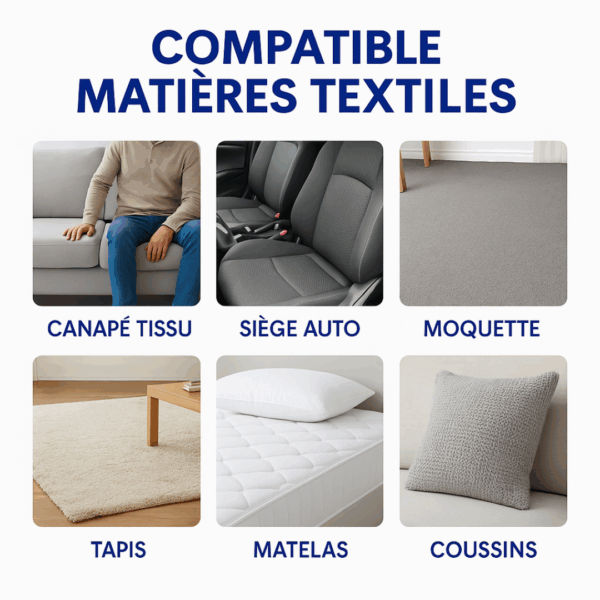 Compatibilité du nettoyant textile professionnel TECHN’Fast – adapté aux canapés en tissu, sièges auto, moquettes, tapis, matelas et coussins