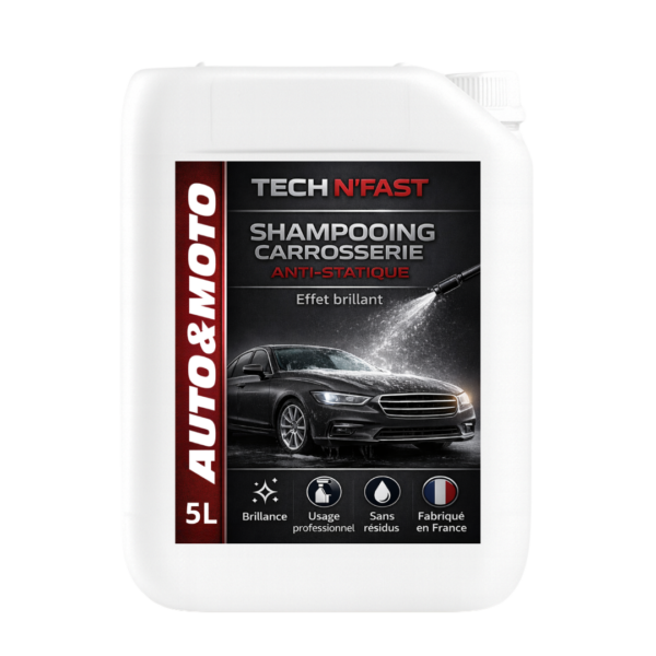 Bidon 5L de shampoing carrosserie anti-statique TECH N’FAST pour lavage auto et moto, effet brillant, usage professionnel.
