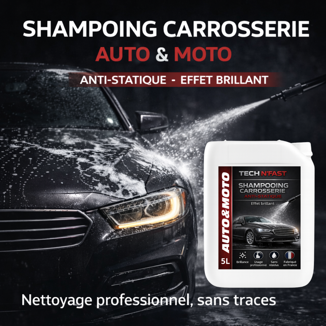 Shampoing carrosserie auto et moto TECH N’FAST en bidon 5L, lavage professionnel anti-statique avec effet brillant.