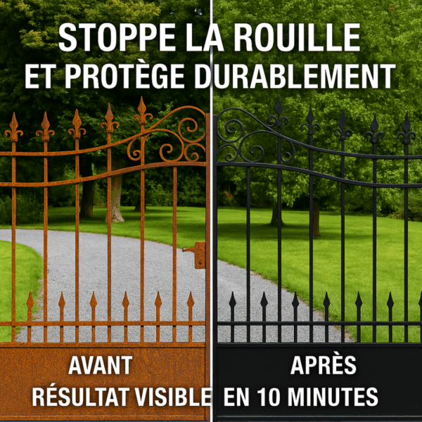 convertisseur de rouille STOPROUILLE — comparaison avant après sur portail métallique