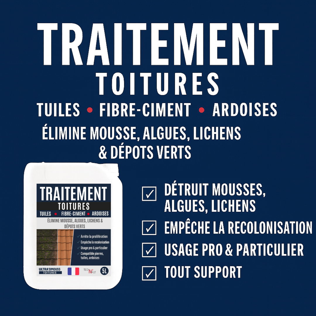 Visuel traitement toitures ULTRA’DMOUSSE – détruit mousses, algues, lichens et dépôts verts