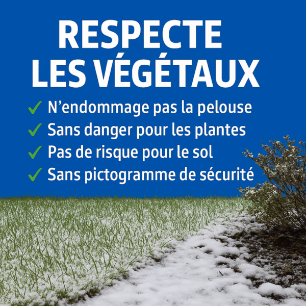 Déneigeant écologique SECU'D’NEIGE respectueux des végétaux – n’endommage pas la pelouse, sans danger pour les plantes et les sols, sans pictogramme de sécurité.