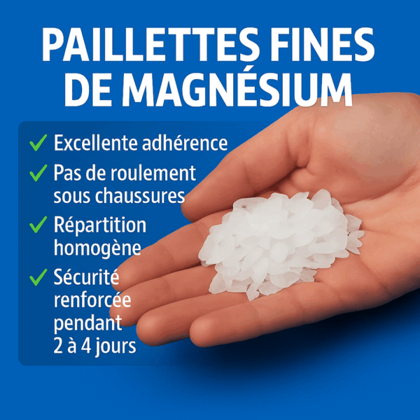 Déneigeant écologique SECU'D’NEIGE à base de paillettes fines de magnésium – excellente adhérence, répartition homogène et sécurité renforcée pendant 2 à 4 jours.