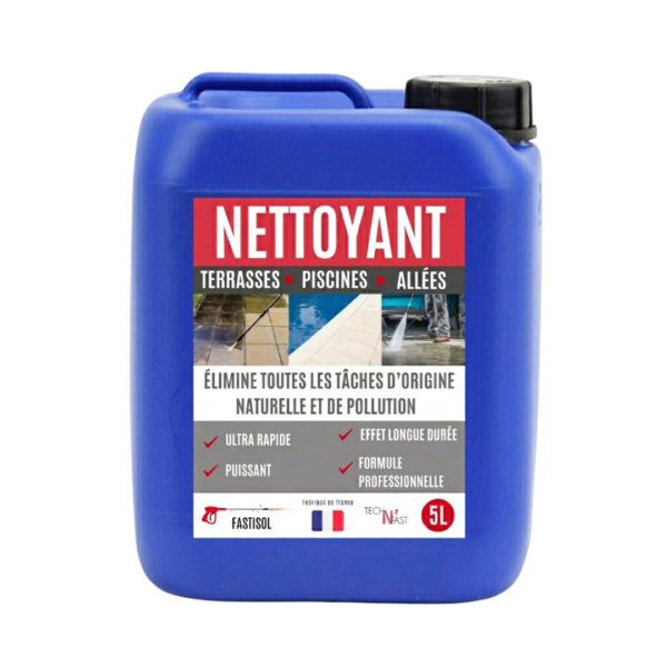Bidon bleu de 5 litres de nettoyant professionnel FastiSol pour terrasses, piscines et allées.