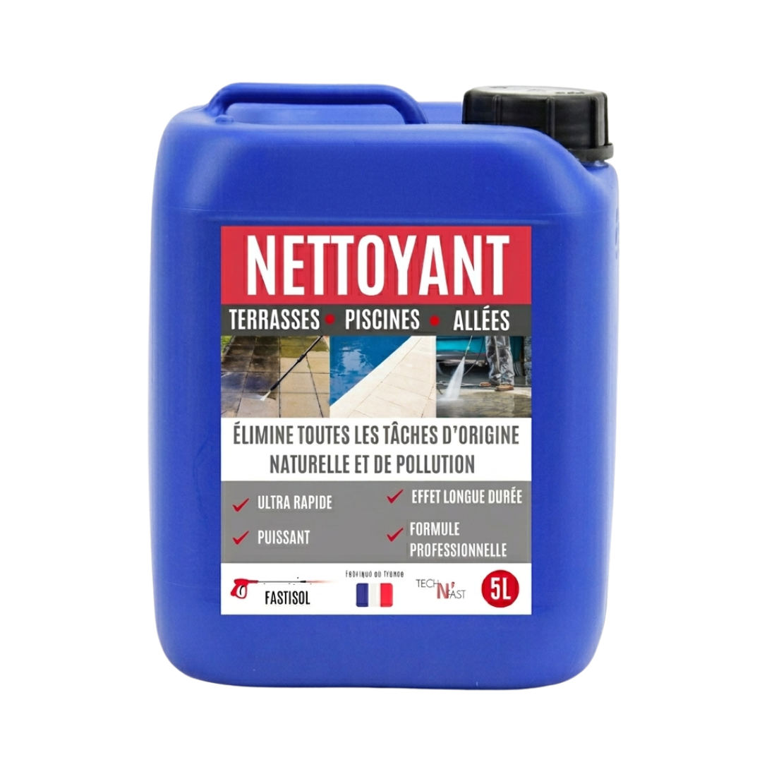 Bidon bleu de 5 litres de nettoyant professionnel FastiSol pour terrasses, piscines et allées.