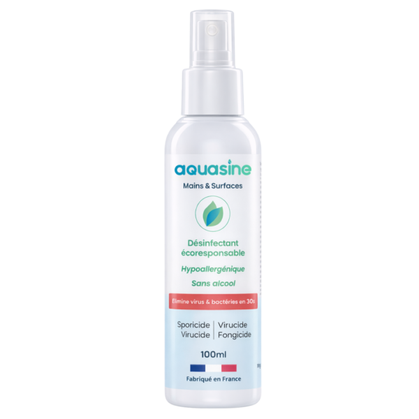 Désinfectant mains et surfaces 100 ml Aquasine sans alcool – solution d’eau ionisée fabriquée en France
