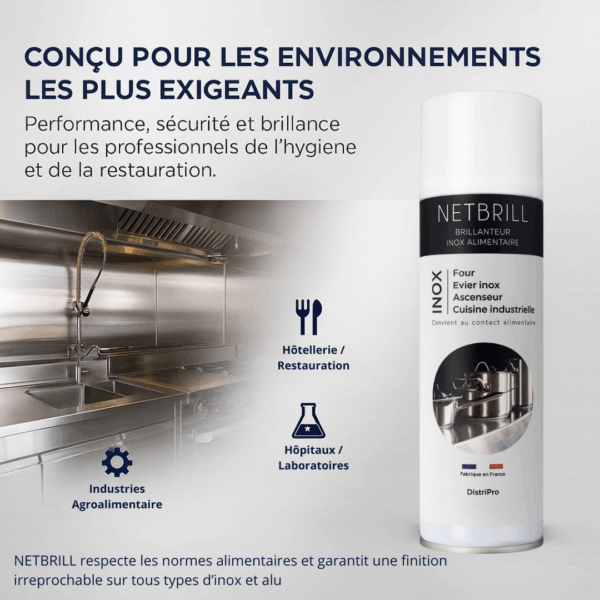 Produit NETBRILL, nettoyant inox professionnel pour cuisines industrielles, hôtellerie, laboratoires et industries agroalimentaires.