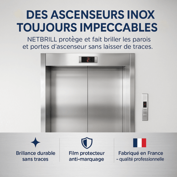 Porte d’ascenseur inox nettoyée avec NETBRILL, rénovateur professionnel qui protège et fait briller sans laisser de traces.
