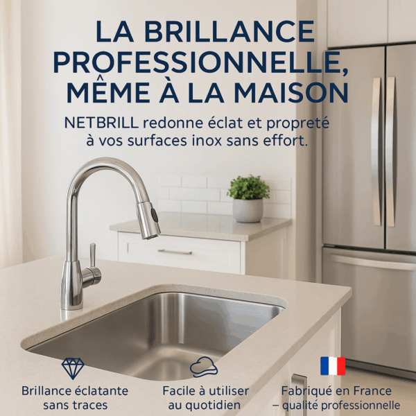 Cuisine équipée avec évier inox brillant nettoyé avec NETBRILL, produit professionnel pour brillance sans traces et usage domestique.