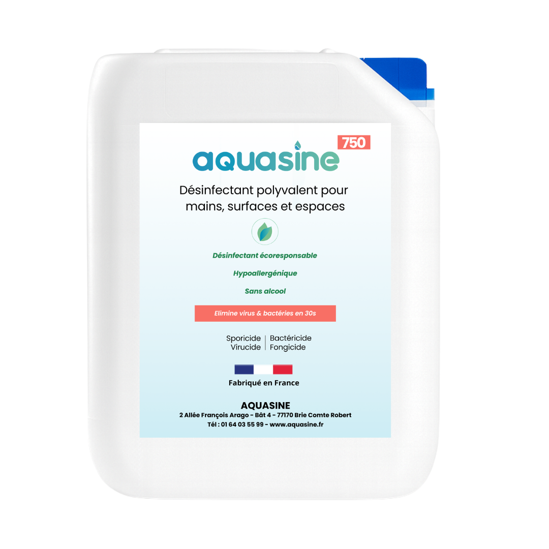 Bidon désinfectant sans alcool Aquasine 5L – solution d’eau ionisée pour mains, surfaces et espaces