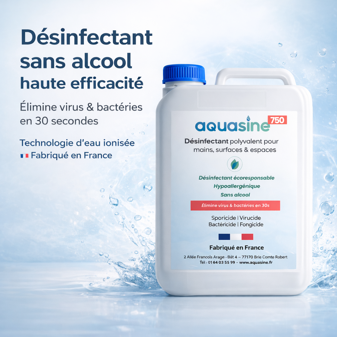 Bidon Aquasine 5L désinfectant sans alcool haute efficacité, technologie d’eau ionisée, élimine virus et bactéries en 30 secondes, fabriqué en France.