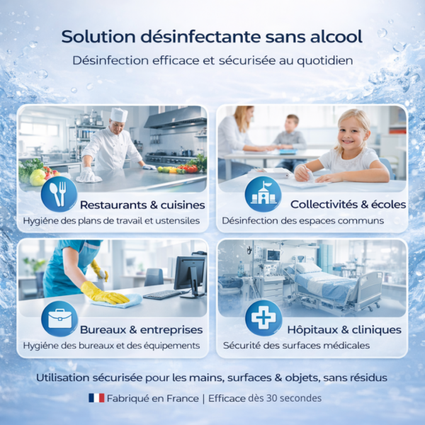 Infographie Aquasine présentant les domaines d’application du désinfectant sans alcool : restaurants, écoles, bureaux, hôpitaux, utilisation sécurisée sur mains et surfaces.