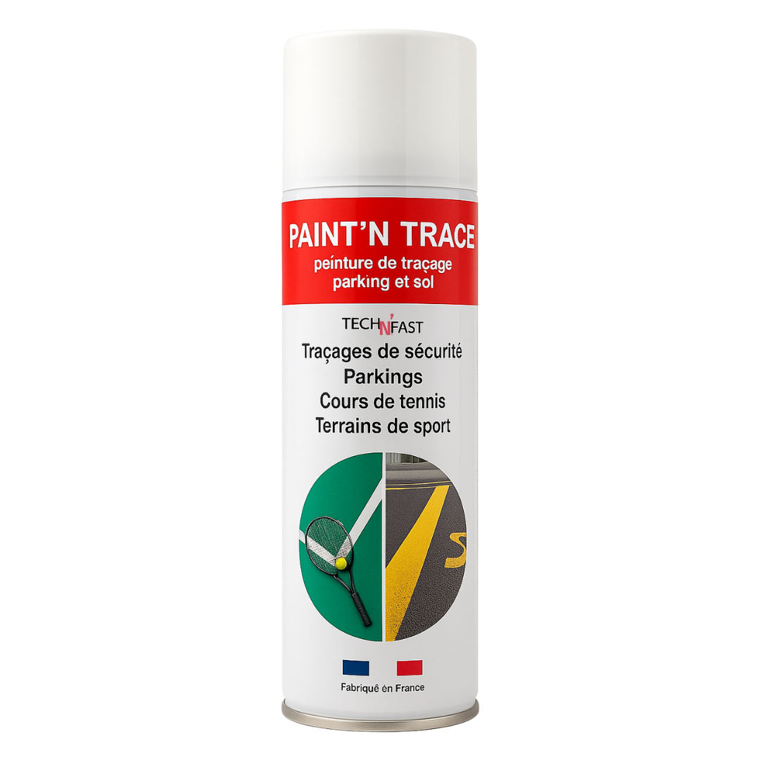 Aérosol de peinture de traçage rouge pour marquage au sol sur parkings, zones de sécurité et terrains de sport.