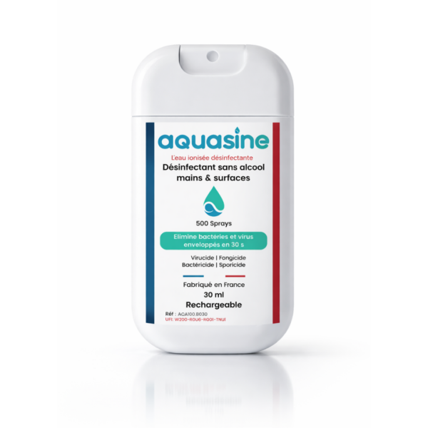 Spray désinfectant sans alcool Aquasine Aquacard 30ml rechargeable à base d’eau ionisée pour mains et surfaces