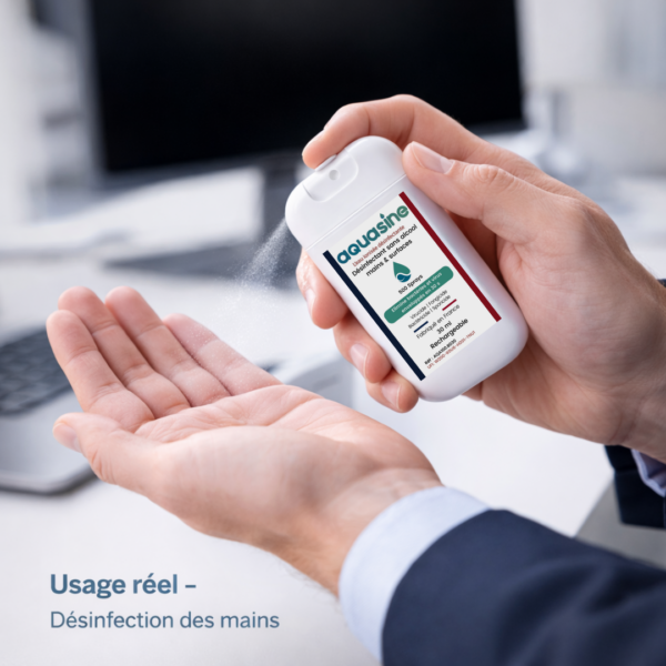 Spray désinfectant sans alcool Aquasine Aquacard 30ml utilisé pour la désinfection des mains au bureau