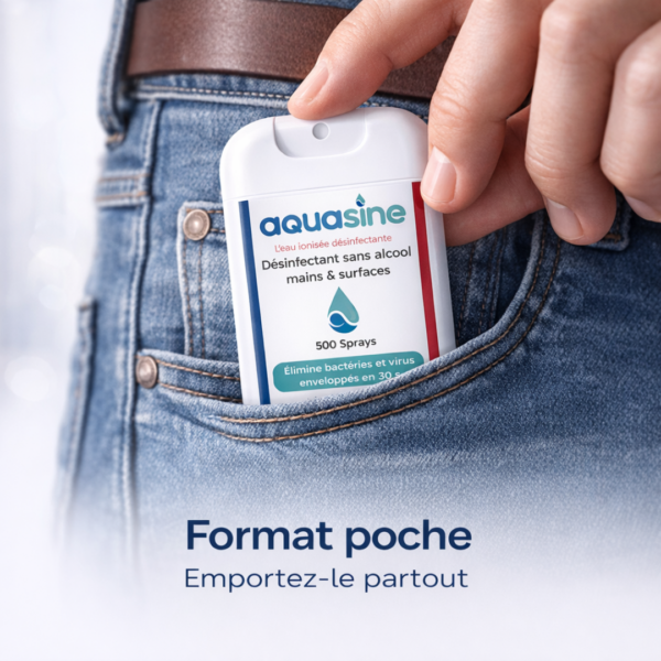 Spray désinfectant sans alcool Aquasine Aquacard 30ml format poche dans un jean – eau ionisée rechargeable