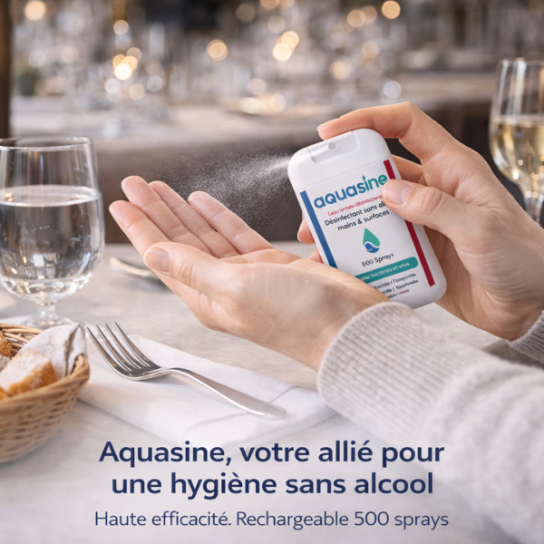 Spray désinfectant sans alcool Aquasine Aquacard 30ml utilisé au restaurant pour la désinfection des mains – eau ionisée rechargeable