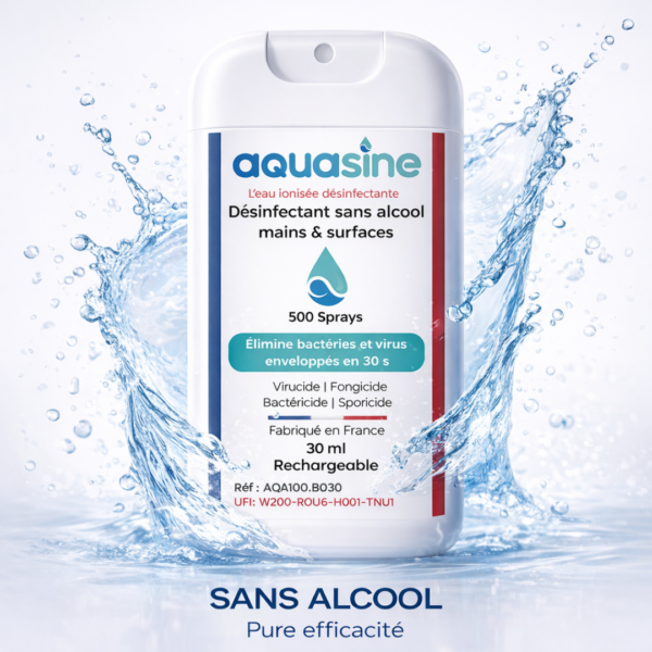 Spray désinfectant sans alcool Aquasine Aquacard 30ml avec effet eau – technologie d’eau ionisée efficace en 30 secondes