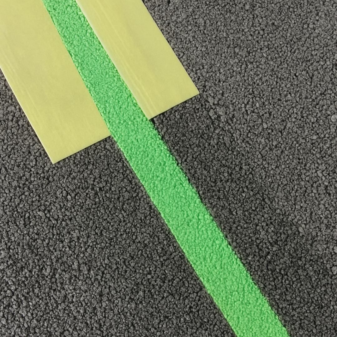 Ligne verte réalisée avec une peinture de traçage verte sur enrobé, avec ruban de masquage.