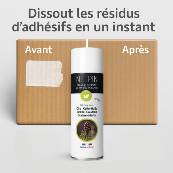 Avant / après retrait d’adhésif avec le solvant dégraissant NETPIN au terpène de pin