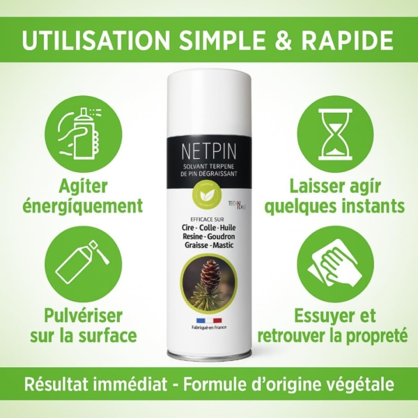 Solvant dégraissant NETPIN au terpène de pin – efficace sur cire, colle, huile, résine, goudron, graisse et mastic