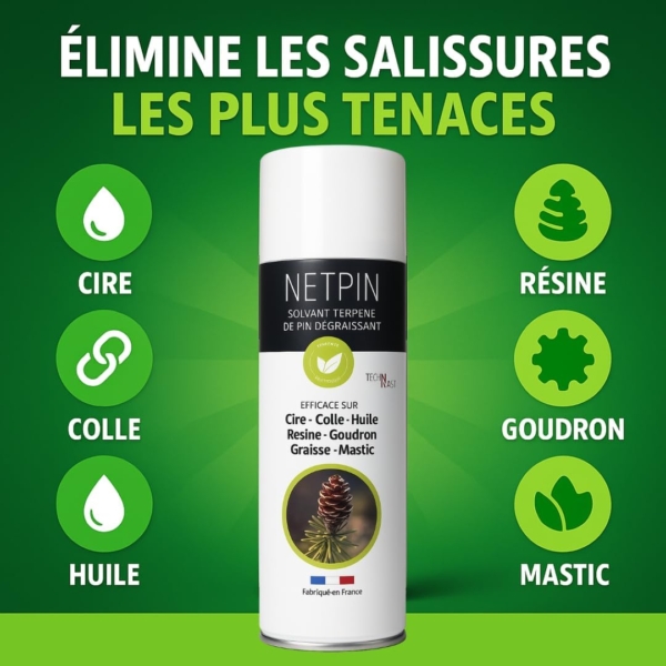 Solvant dégraissant NETPIN éliminant cire, colle, huile, résine, goudron et mastic