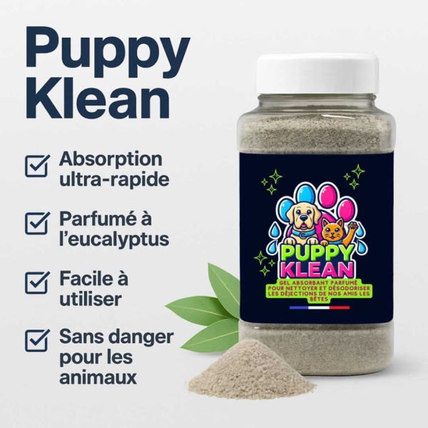 Poudre absorbante urine animaux PuppyKlean – absorption rapide, parfum eucalyptus, facile et sans danger
